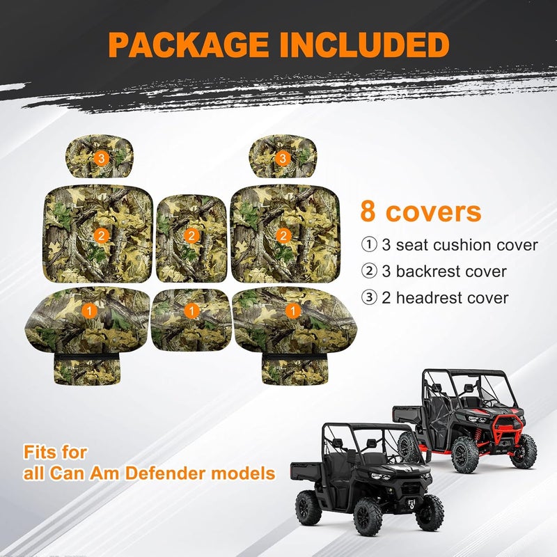BORDAN UTV Waterproof Seat Cover for Can-Am Defender DPS MAX 6X6 PRO 2016-2025, Heavy Duty 1680D Camo Seat Covers Set for UTV Can-Am Full Protection Outdoor(8 PCS) - Image 3